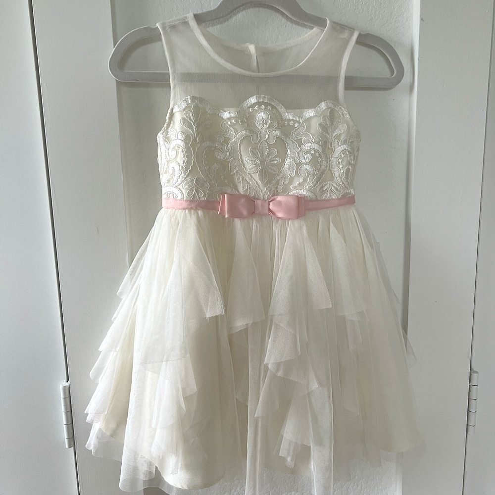 Ivory Tulle Dress with Pink Bow for Girls